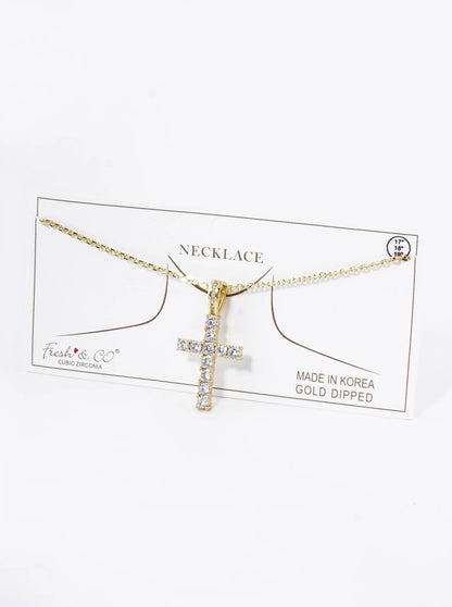 18K Gold Dipped Cubic Zirconia Stone Cross Pendant Necklace