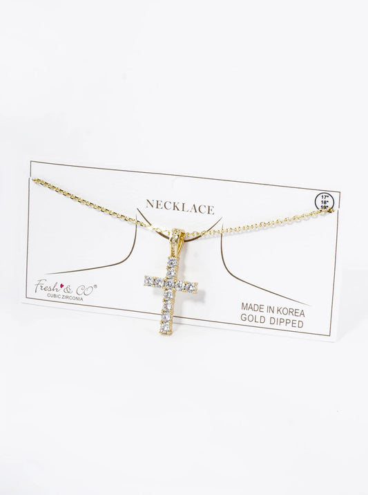 18K Gold Dipped Cubic Zirconia Stone Cross Pendant Necklace