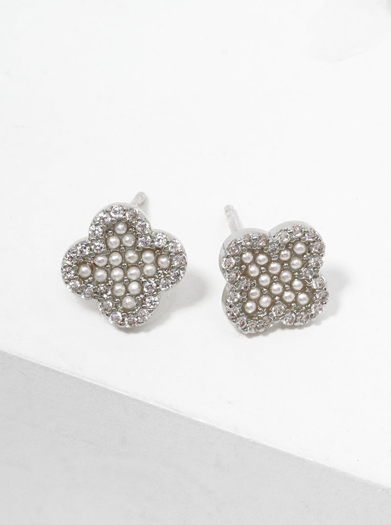 18K Gold Dipped Cubic Zirconia And Pearl Beaded Quatrefoil 925 Sterling Silver Post Stud Earrings