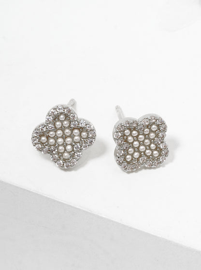 18K Gold Dipped Cubic Zirconia And Pearl Beaded Quatrefoil 925 Sterling Silver Post Stud Earrings