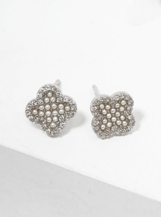 18K Gold Dipped Cubic Zirconia And Pearl Beaded Quatrefoil 925 Sterling Silver Post Stud Earrings