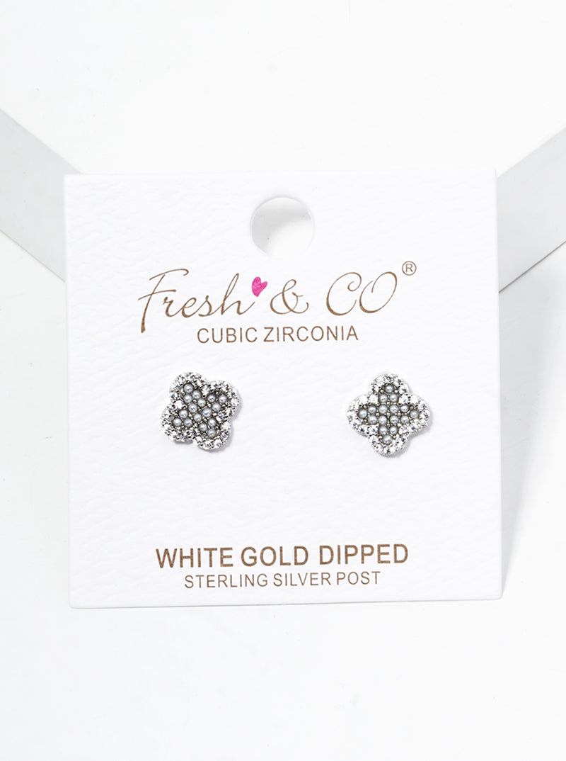 18K Gold Dipped Cubic Zirconia And Pearl Beaded Quatrefoil 925 Sterling Silver Post Stud Earrings