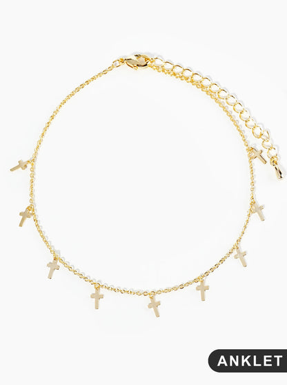 18K Gold Dipped Delicate Cross Charm Brass Chain Anklet
