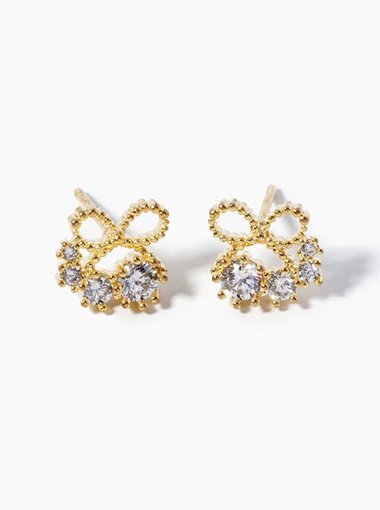 18K Gold Dipped Delicate Ribbon Bow With Graduated CZ Stones Post Stud Earrings