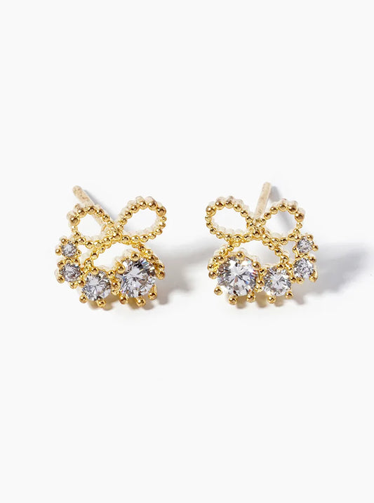 18K Gold Dipped Delicate Ribbon Bow With Graduated CZ Stones Post Stud Earrings