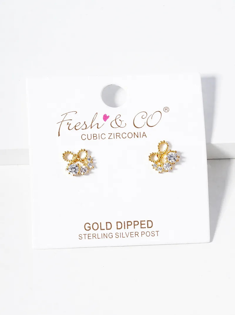 18K Gold Dipped Delicate Ribbon Bow With Graduated CZ Stones Post Stud Earrings