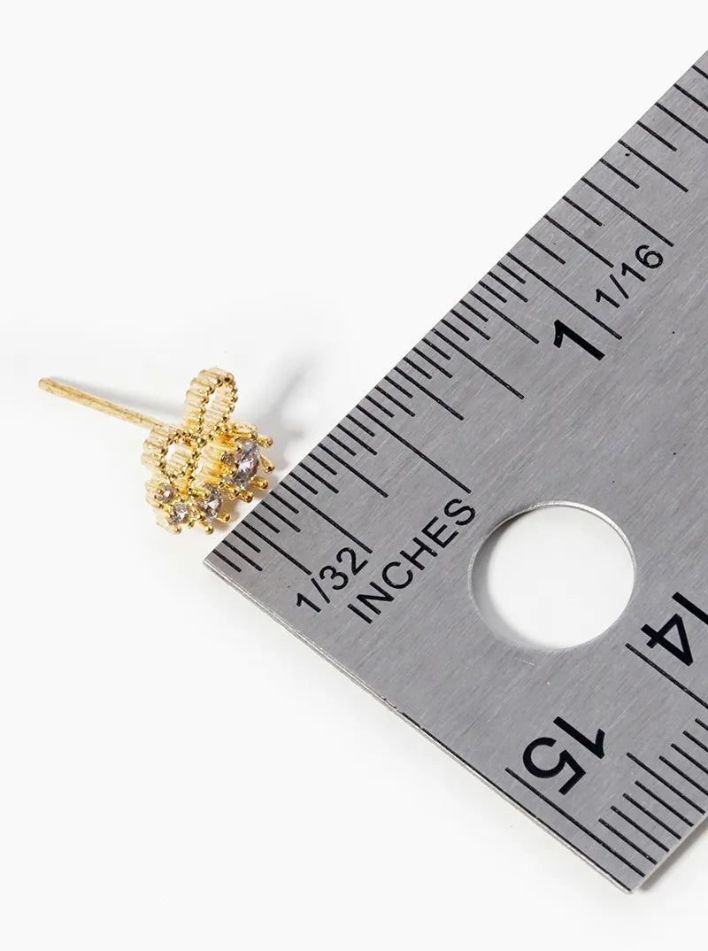 18K Gold Dipped Delicate Ribbon Bow With Graduated CZ Stones Post Stud Earrings