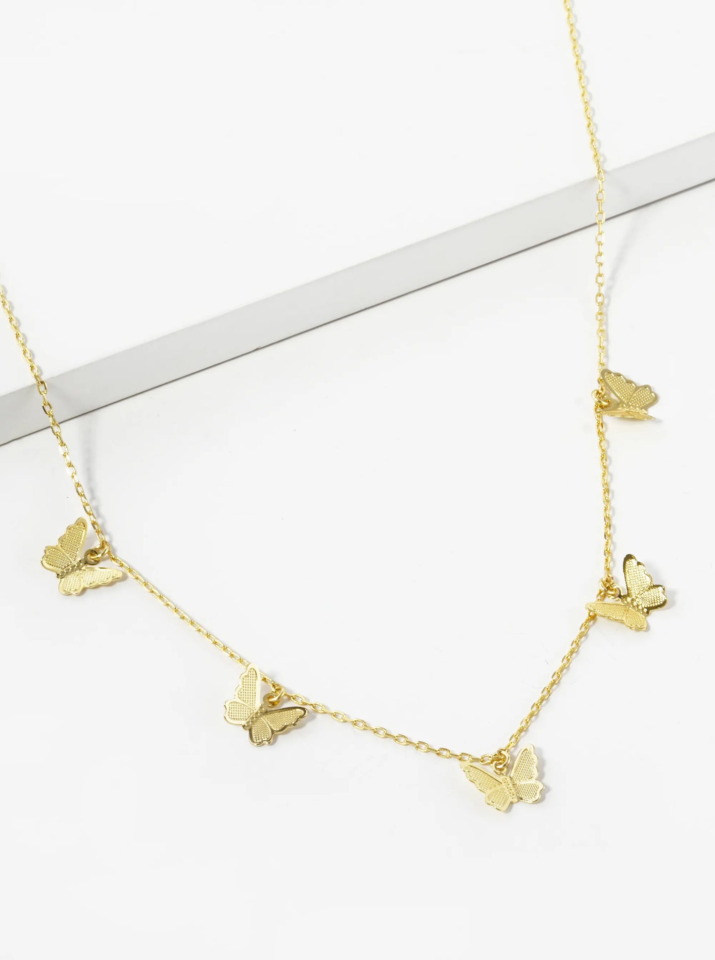 White Gold Dipped Delicate Textured Brass Five Butterflies Pendant Necklace