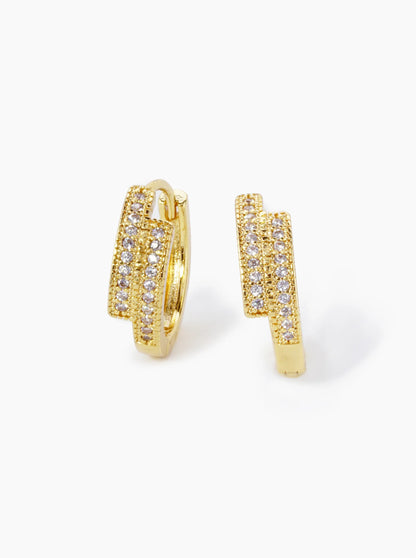 18K Gold Dipped Double Line Micro Pave Set Cubic Zirconia 15mm Huggie Hoop Earrings