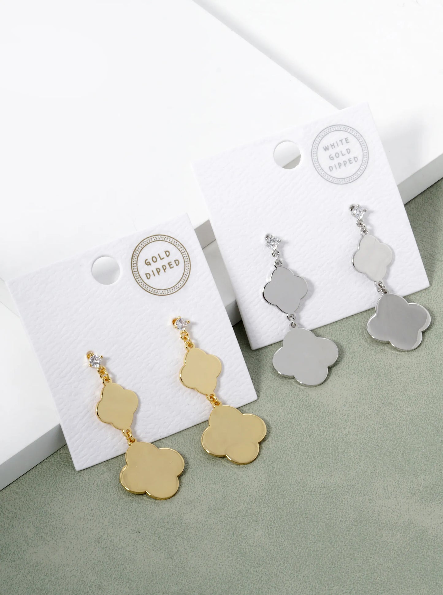 18K Gold Dipped Double Quatrefoil Drop 925 Sterling Silver Post Earrings