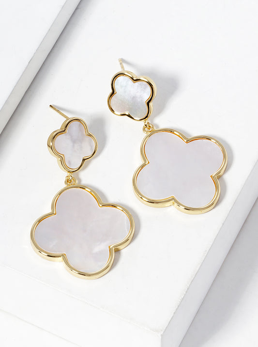 18K Gold Dipped Double Quatrefoil Drop Dangle Post Earrings