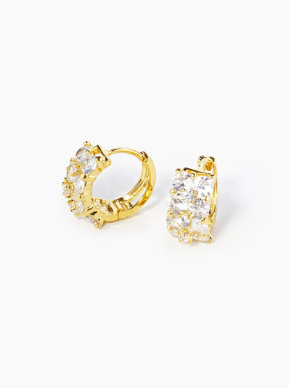 18K Gold Dipped Double Row 4-Prong Setting CZ Stone 10mm Brass Huggie Hoop Earrings