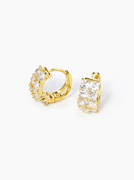 18K Gold Dipped Double Row 4-Prong Setting CZ Stone 10mm Brass Huggie Hoop Earrings