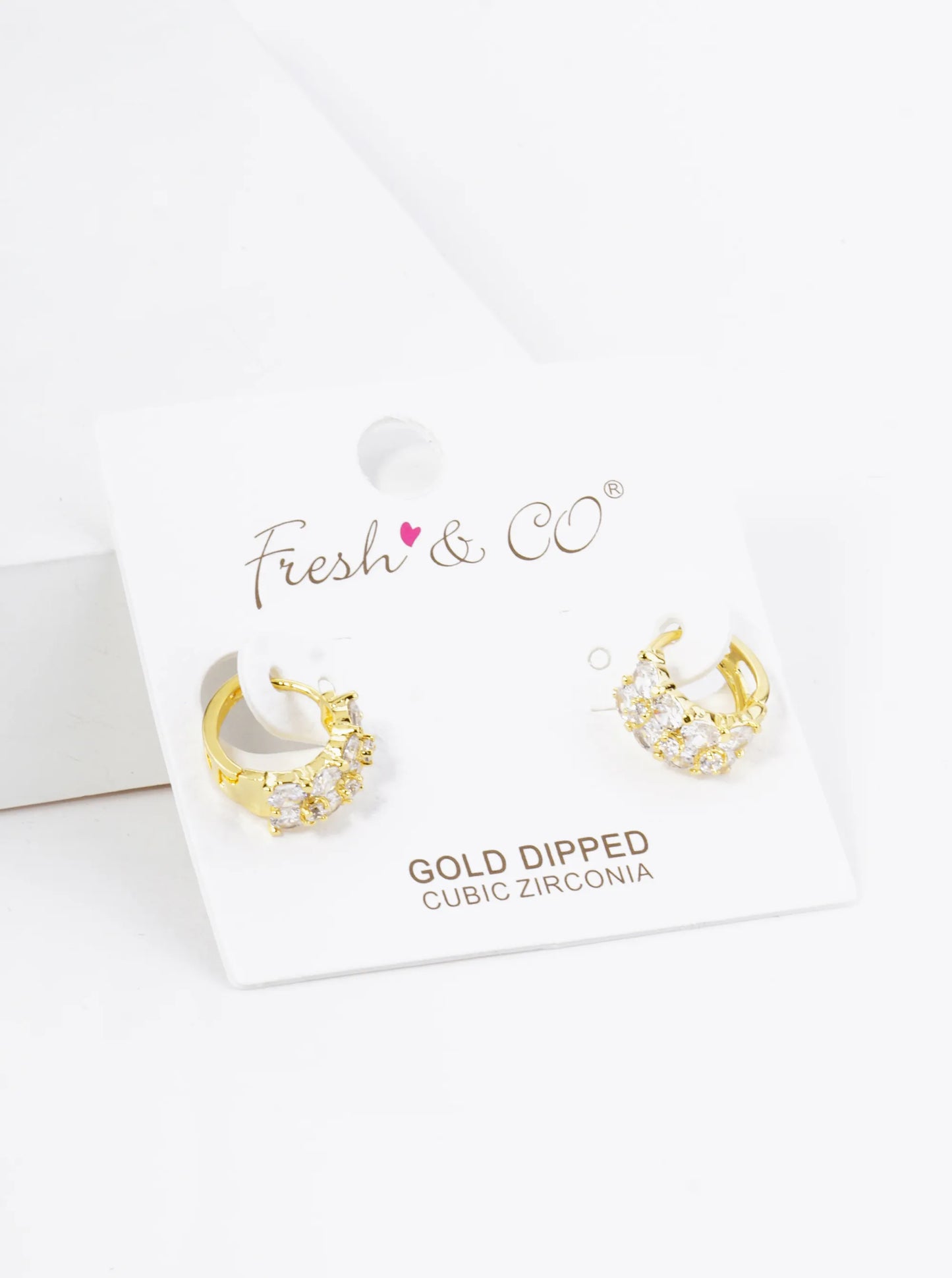 18K Gold Dipped Double Row 4-Prong Setting CZ Stone 10mm Brass Huggie Hoop Earrings