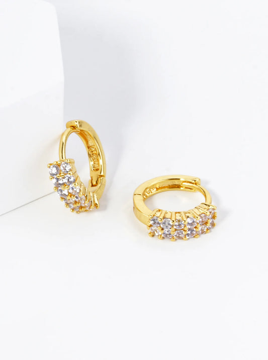 18K Gold Dipped Double Row Pave Set CZ 12mm Brass Huggie Hoop Earrings