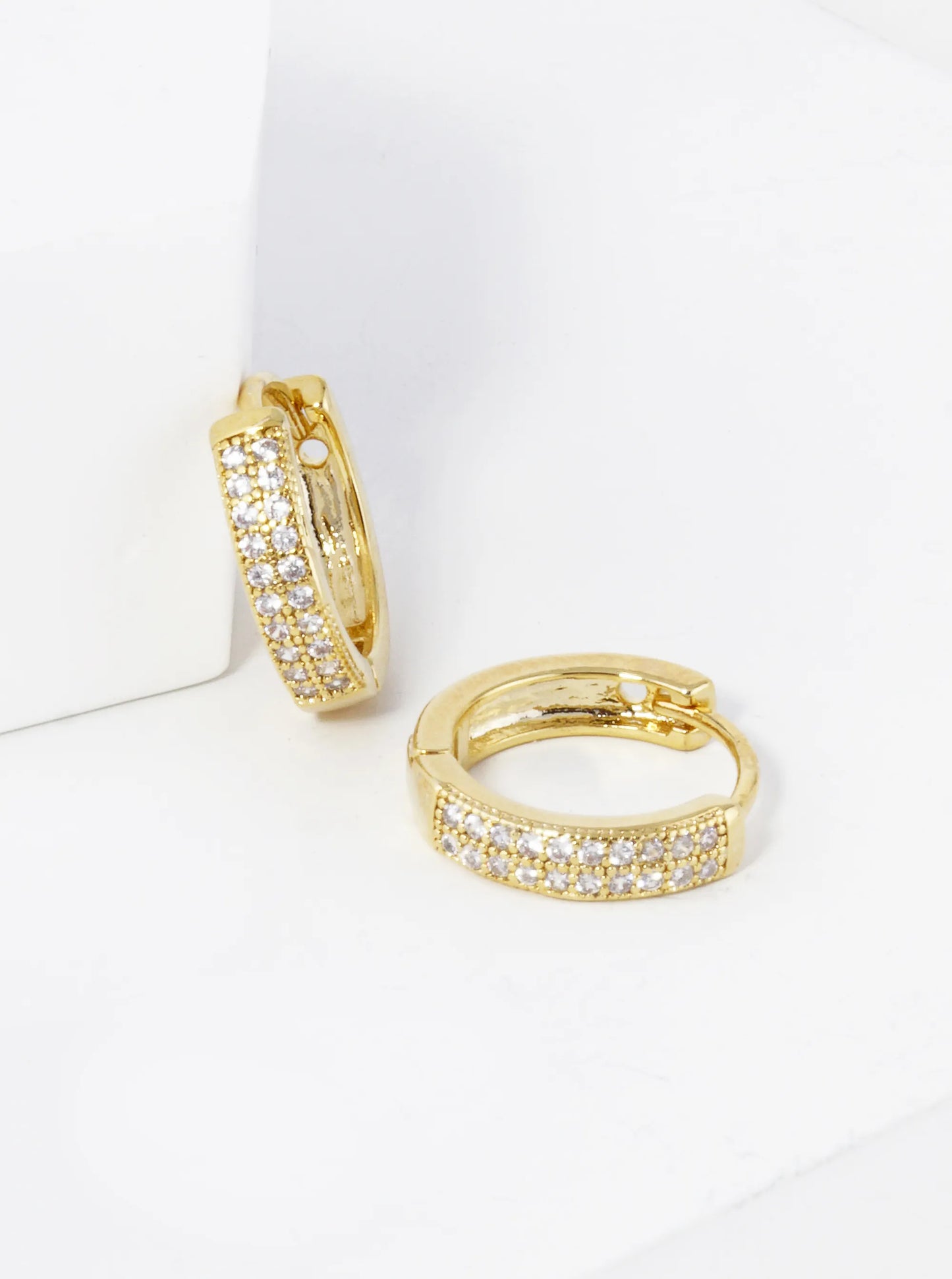 18K Gold Dipped Double Row Pave Set Cubic Zirconia 12mm Huggie Hoop Earrings