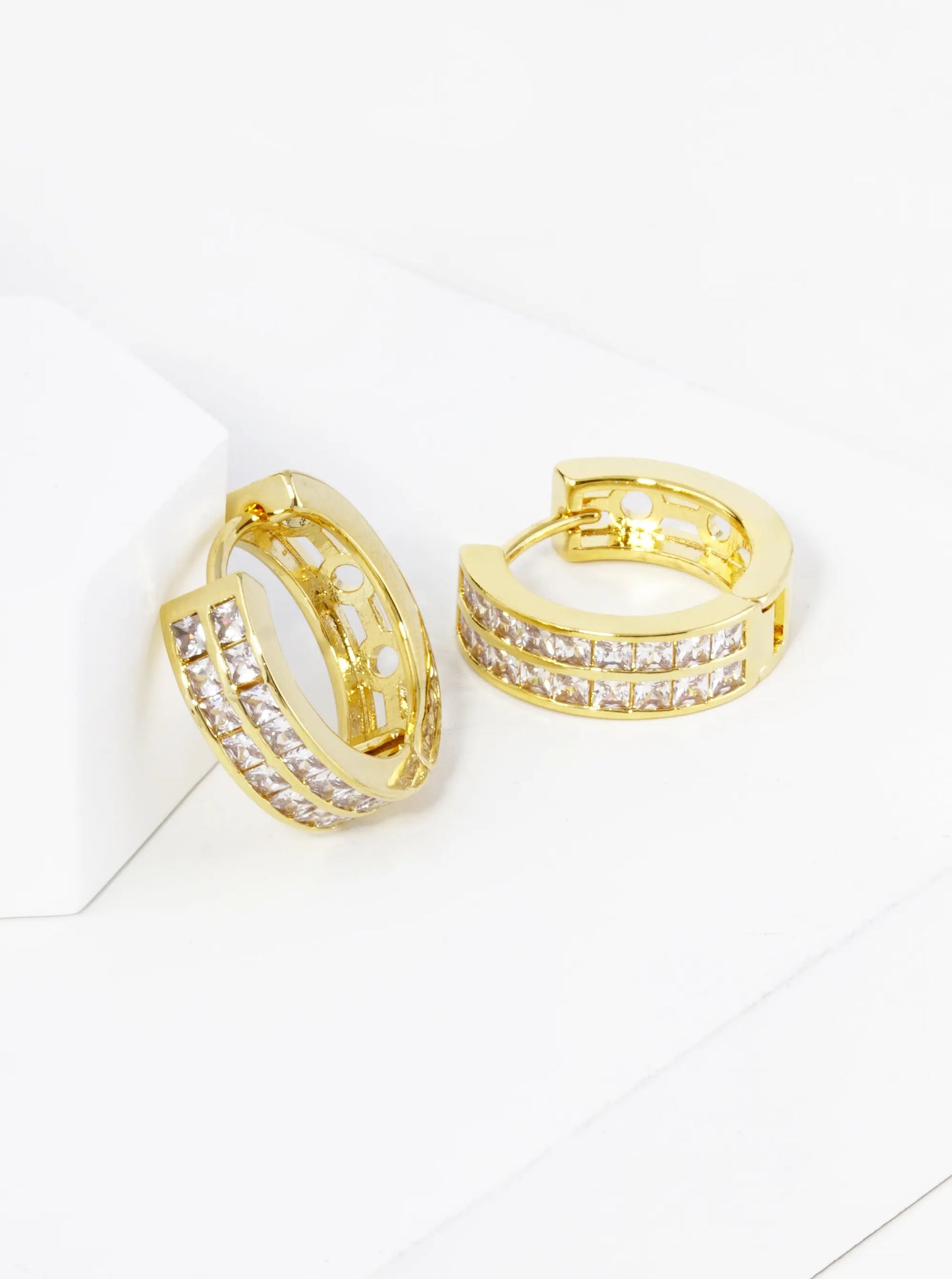 18K Gold Dipped Double Row Pave Set Cubic Zirconia 18mm Huggie Hoop Earrings