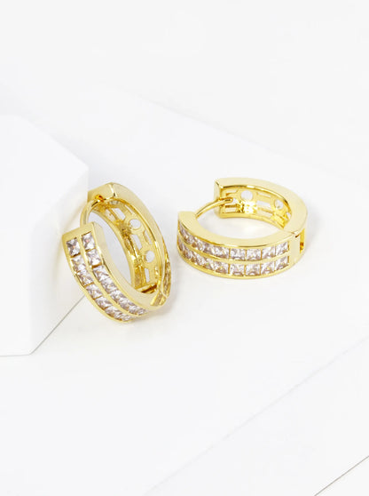 18K Gold Dipped Double Row Pave Set Cubic Zirconia 18mm Huggie Hoop Earrings