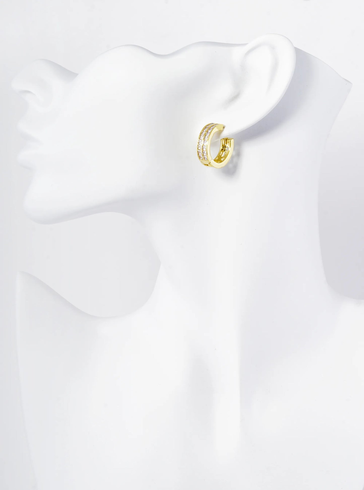 18K Gold Dipped Double Row Pave Set Cubic Zirconia 18mm Huggie Hoop Earrings