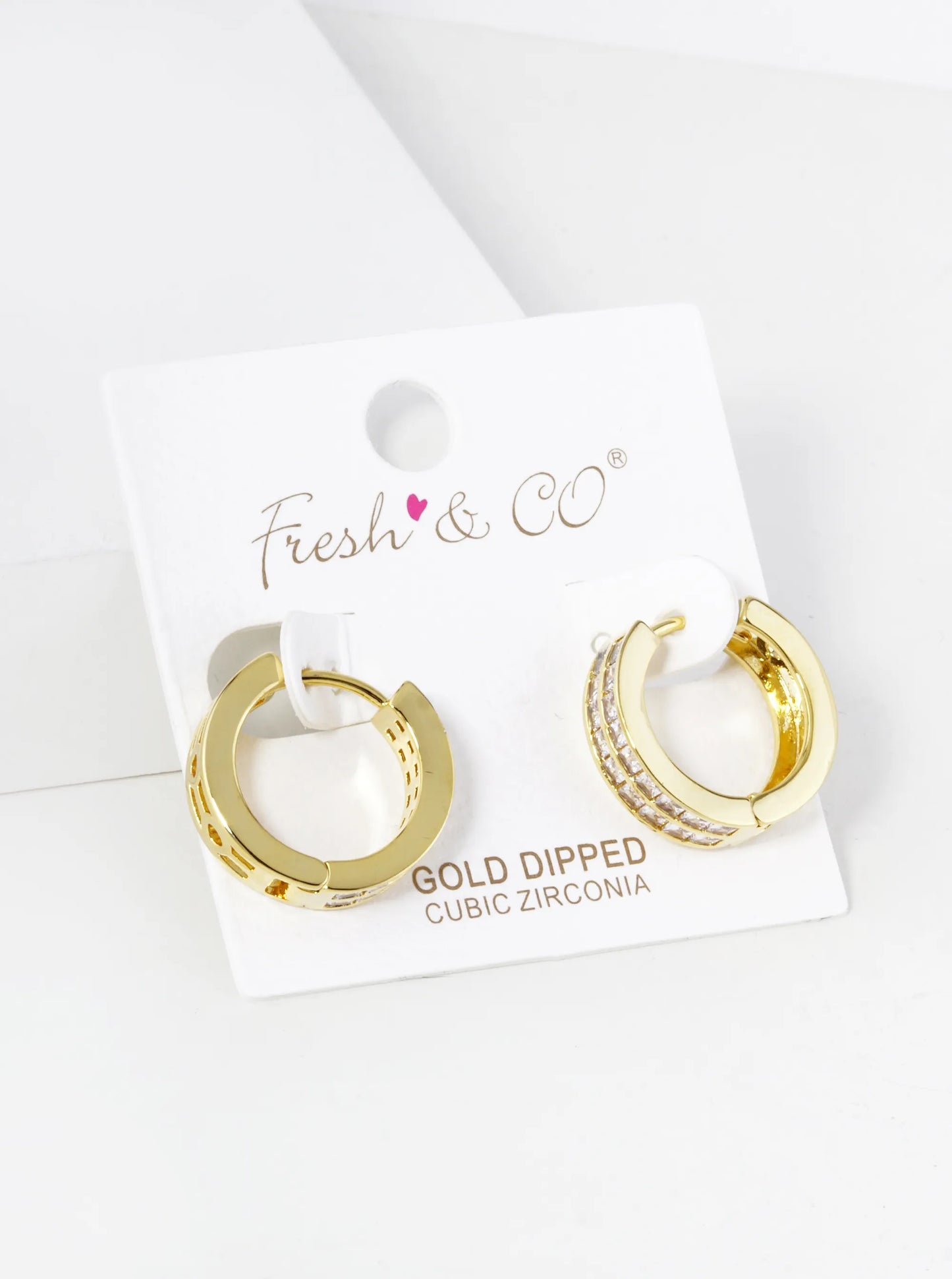 18K Gold Dipped Double Row Pave Set Cubic Zirconia 18mm Huggie Hoop Earrings