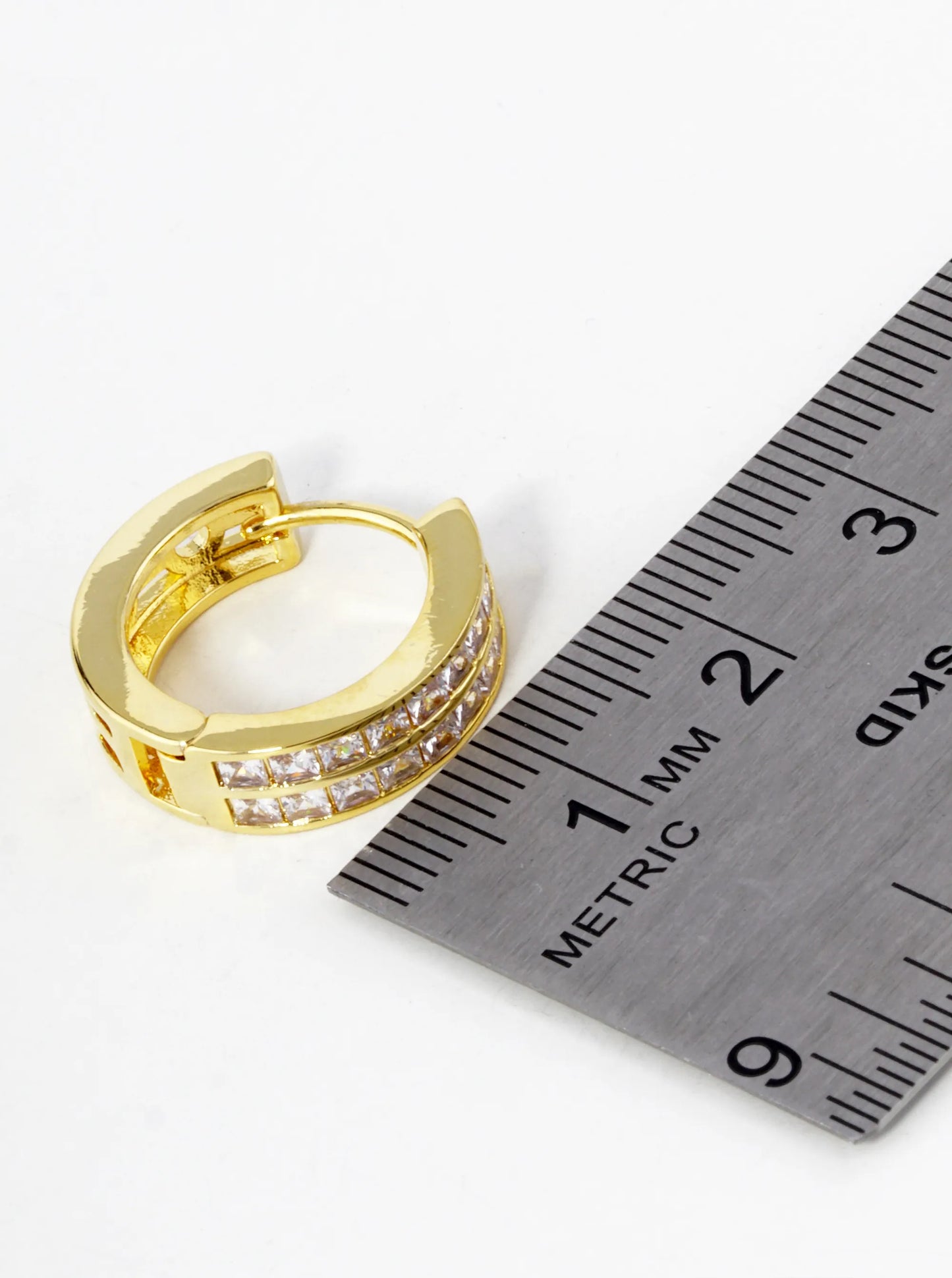 18K Gold Dipped Double Row Pave Set Cubic Zirconia 18mm Huggie Hoop Earrings