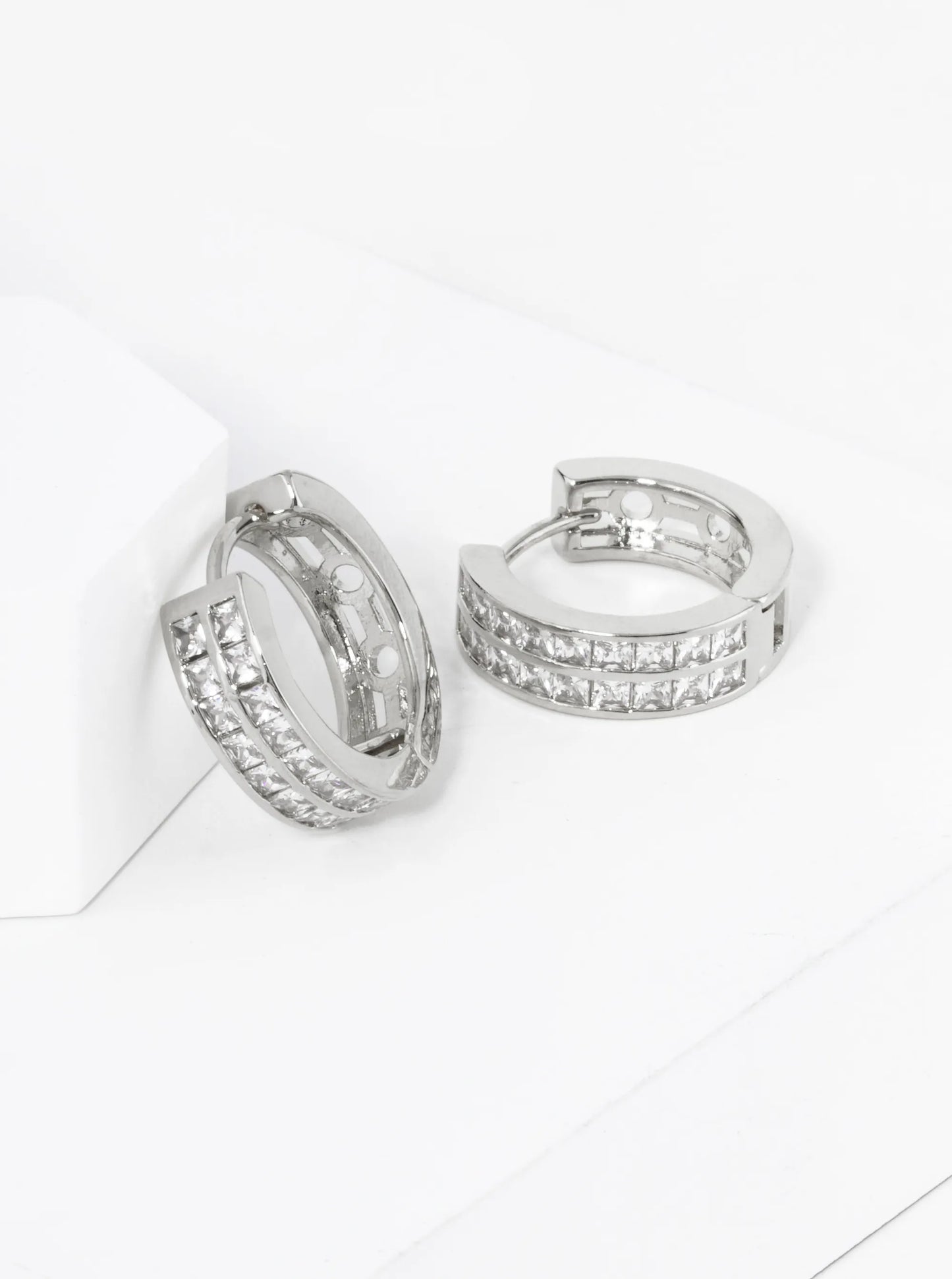 18K Gold Dipped Double Row Pave Set Cubic Zirconia 18mm Huggie Hoop Earrings