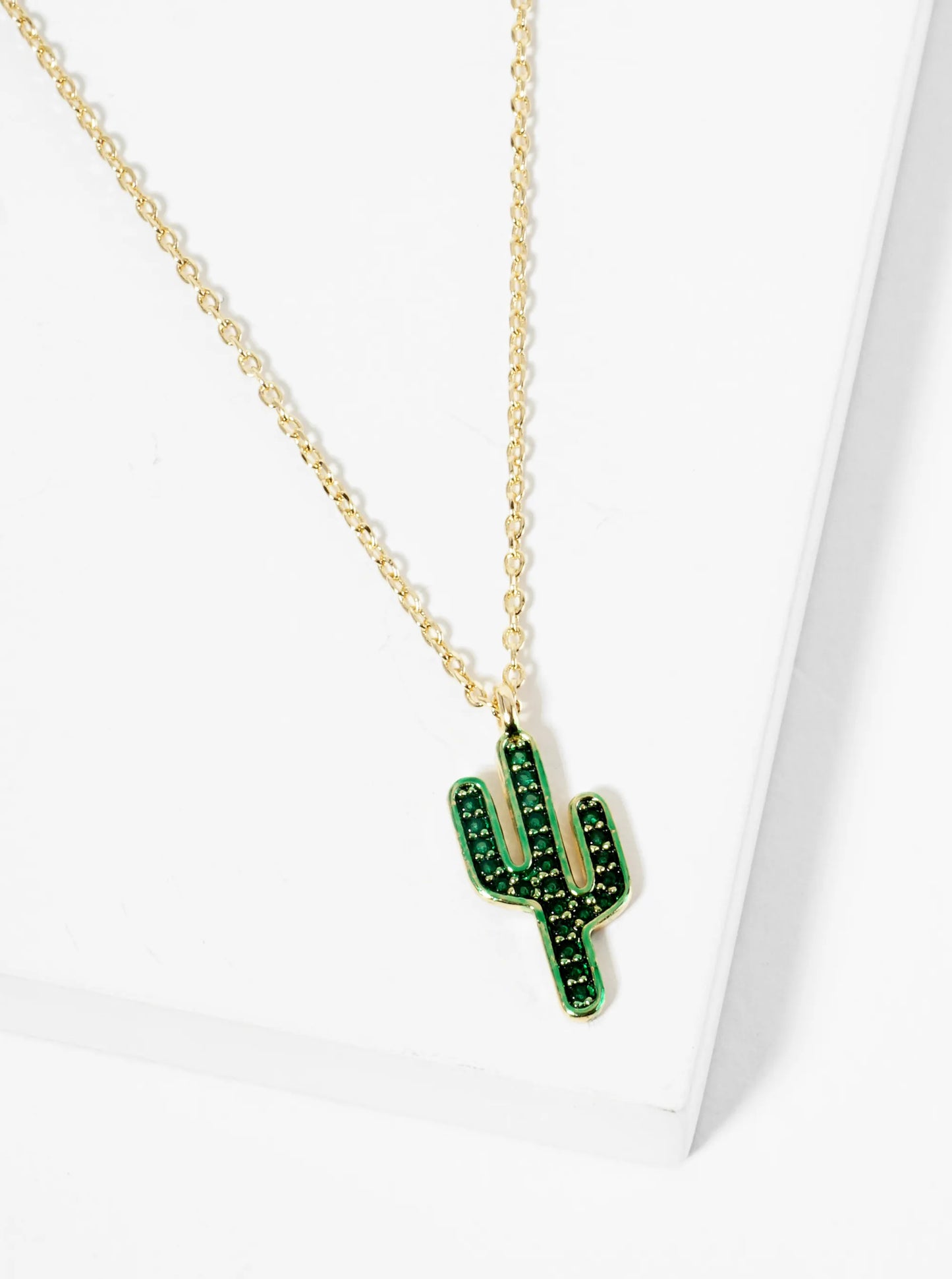 18K Gold Dipped Emerald Color CZ Pave Cactus Pendant Necklace