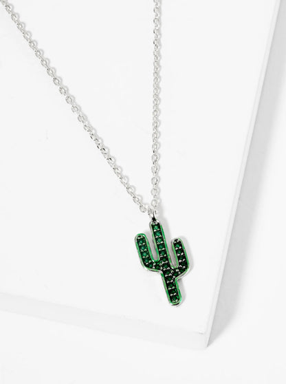18K Gold Dipped Emerald Color CZ Pave Cactus Pendant Necklace