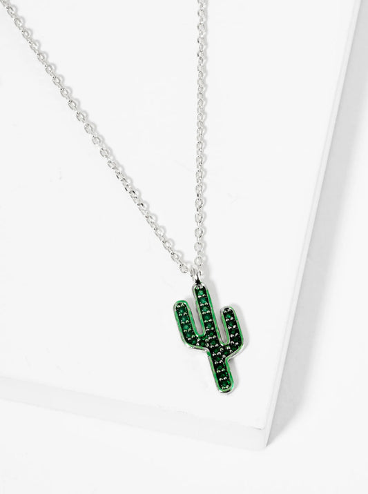 18K Gold Dipped Emerald Color CZ Pave Cactus Pendant Necklace