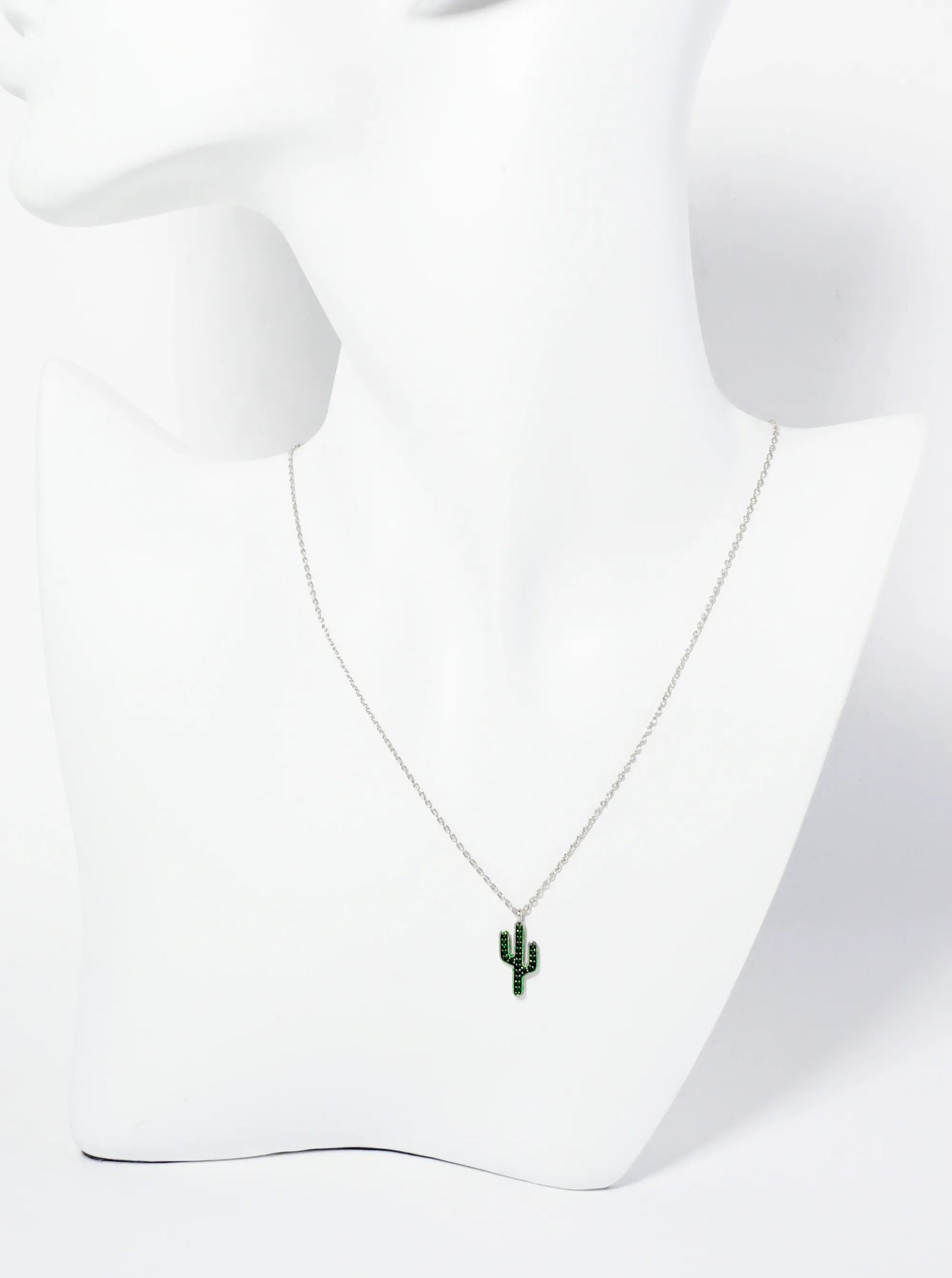 18K Gold Dipped Emerald Color CZ Pave Cactus Pendant Necklace