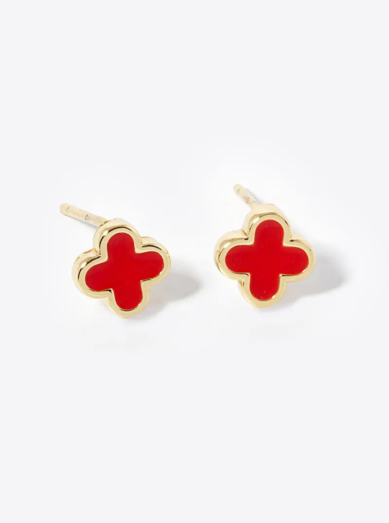 18K Gold Dipped Enamel Filled 7mm Quatrefoil 925 Sterling Silver Post Stud Earrings