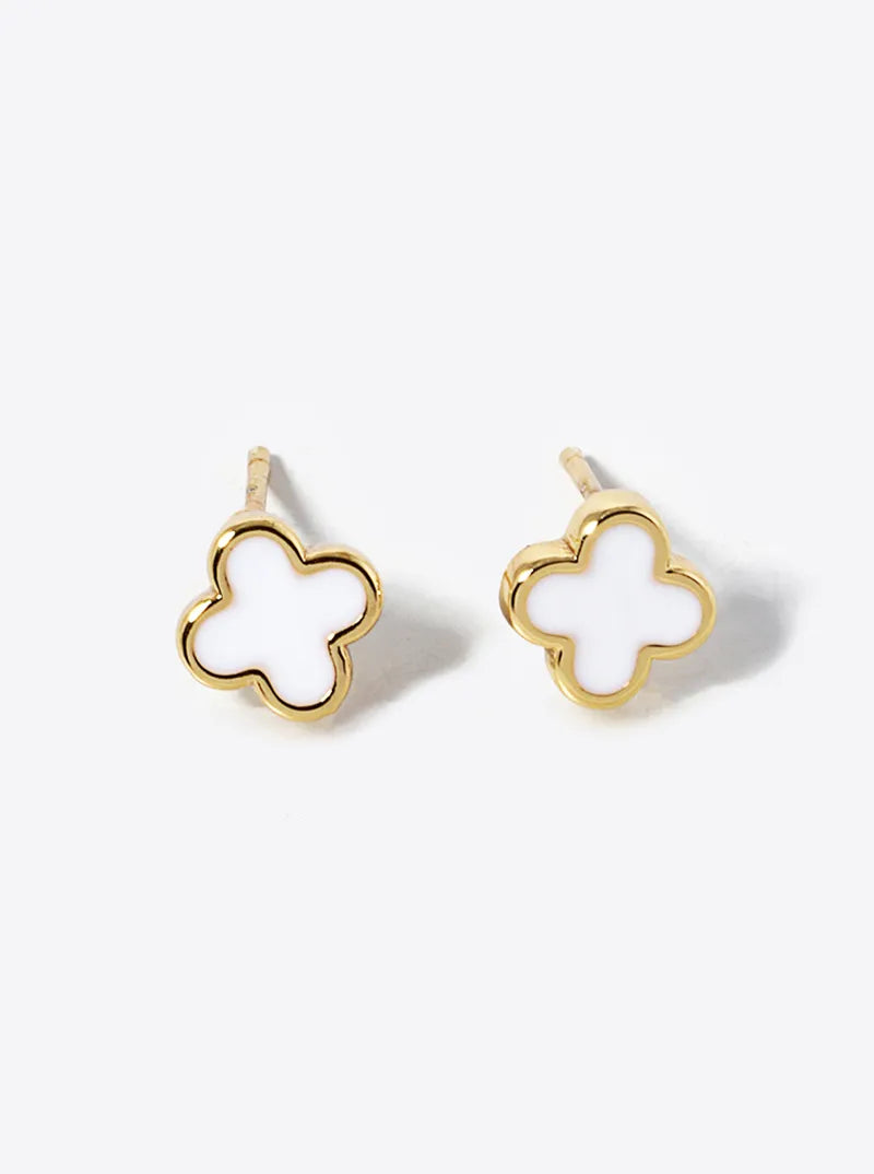 18K Gold Dipped Enamel Filled 7mm Quatrefoil 925 Sterling Silver Post Stud Earrings