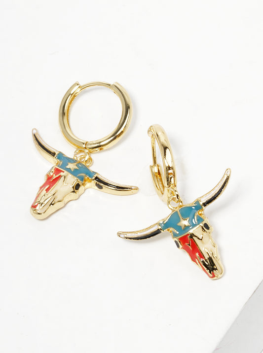 18K Gold Dipped Enamel Filled Bull Head Drop 12mm Huggie Hoop Earrings