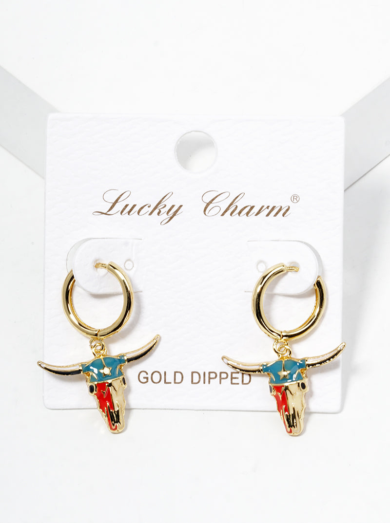 18K Gold Dipped Enamel Filled Bull Head Drop 12mm Huggie Hoop Earrings