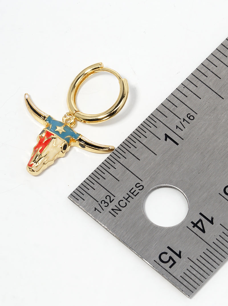 18K Gold Dipped Enamel Filled Bull Head Drop 12mm Huggie Hoop Earrings