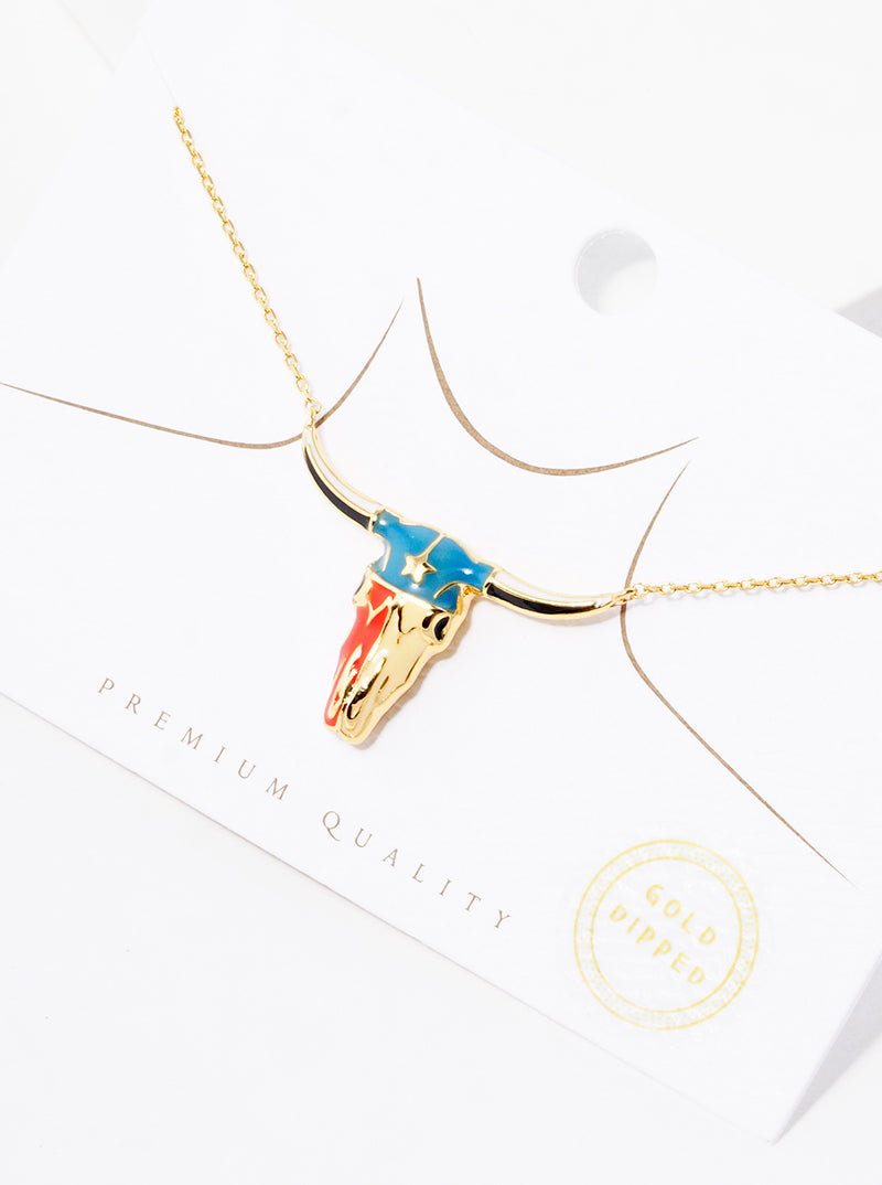 18K Gold Dipped Enamel Filled Bull Head Pendant Necklace