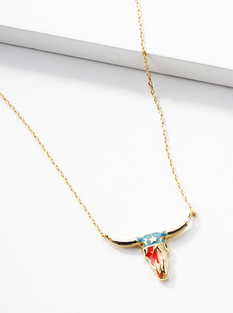 18K Gold Dipped Enamel Filled Bull Head Pendant Necklace