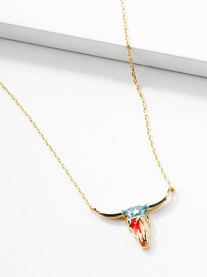 18K Gold Dipped Enamel Filled Bull Head Pendant Necklace
