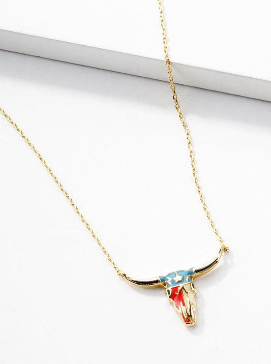 18K Gold Dipped Enamel Filled Bull Head Pendant Necklace