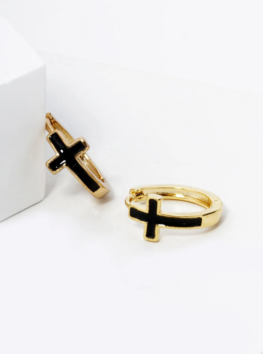 18K Gold Dipped Enamel Filled Cross Accent 13mm Huggie Hoop Earrings