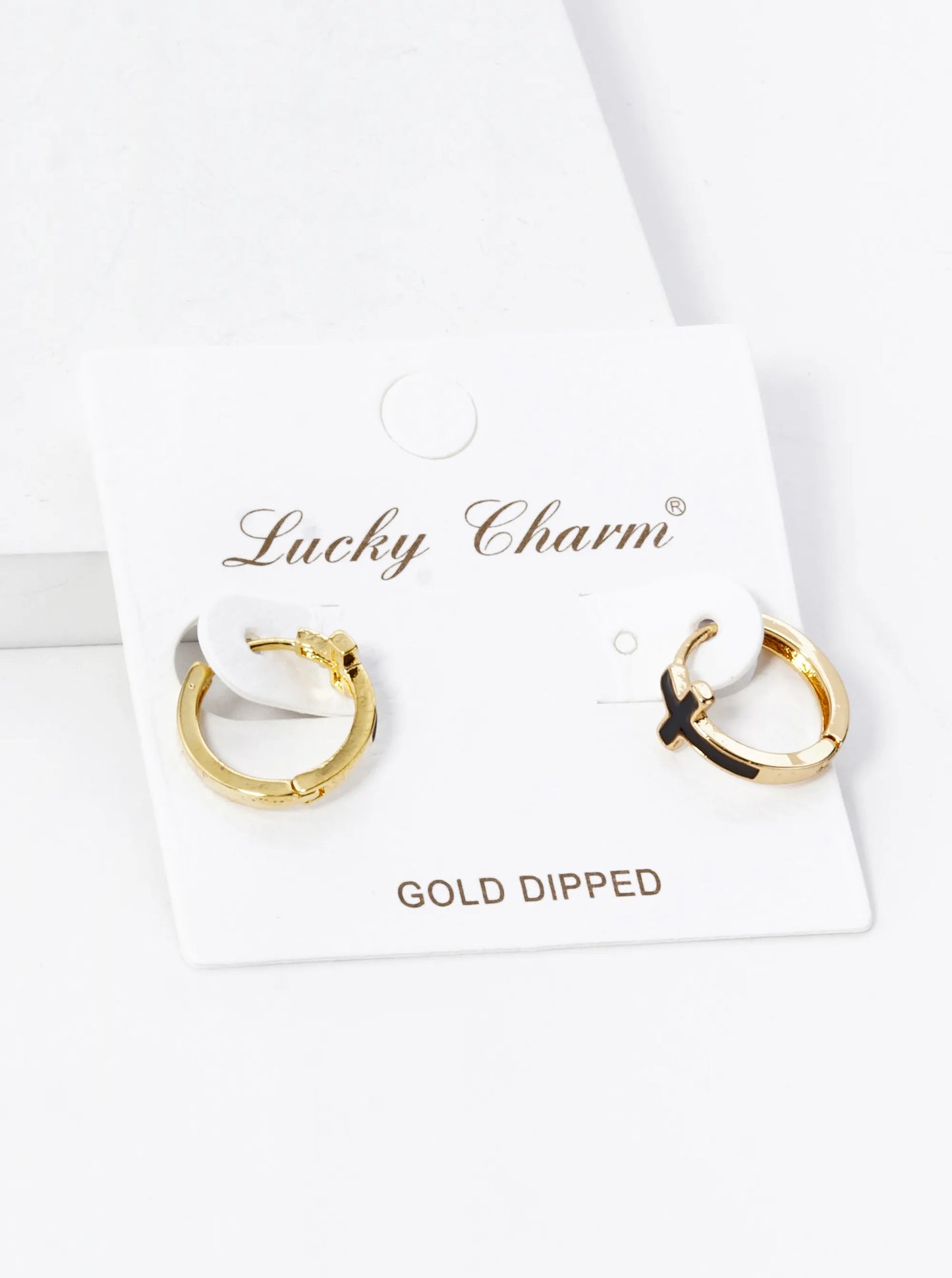 18K Gold Dipped Enamel Filled Cross Accent 13mm Huggie Hoop Earrings