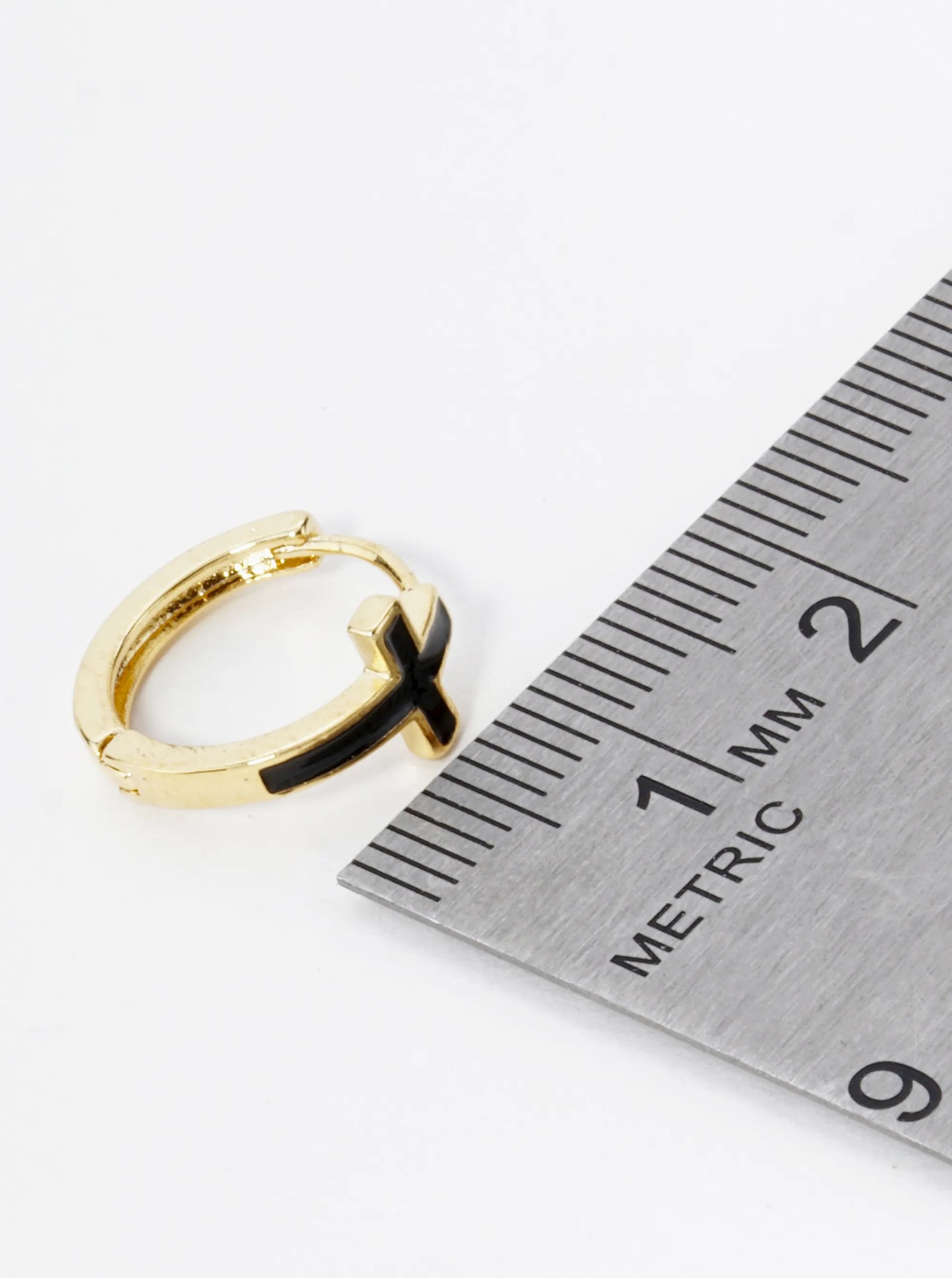 18K Gold Dipped Enamel Filled Cross Accent 13mm Huggie Hoop Earrings