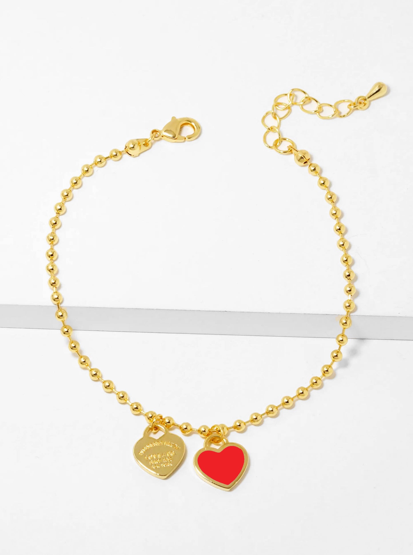 18K Gold Dipped Enamel Filled Double Heart Ball Chain Bracelet