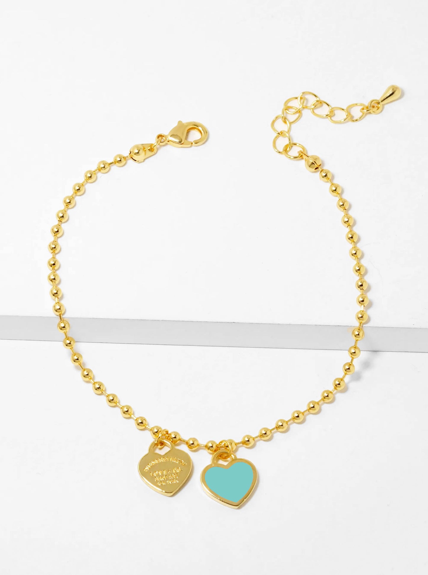 18K Gold Dipped Enamel Filled Double Heart Ball Chain Bracelet