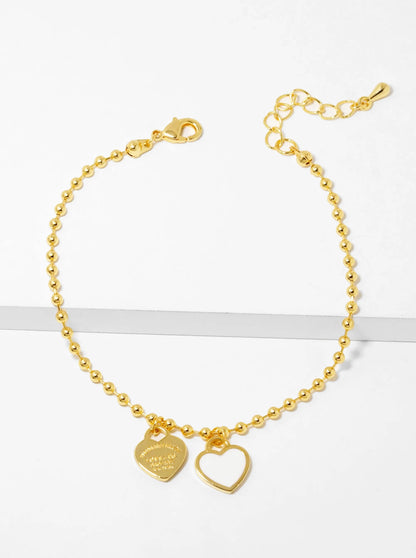 18K Gold Dipped Enamel Filled Double Heart Ball Chain Bracelet