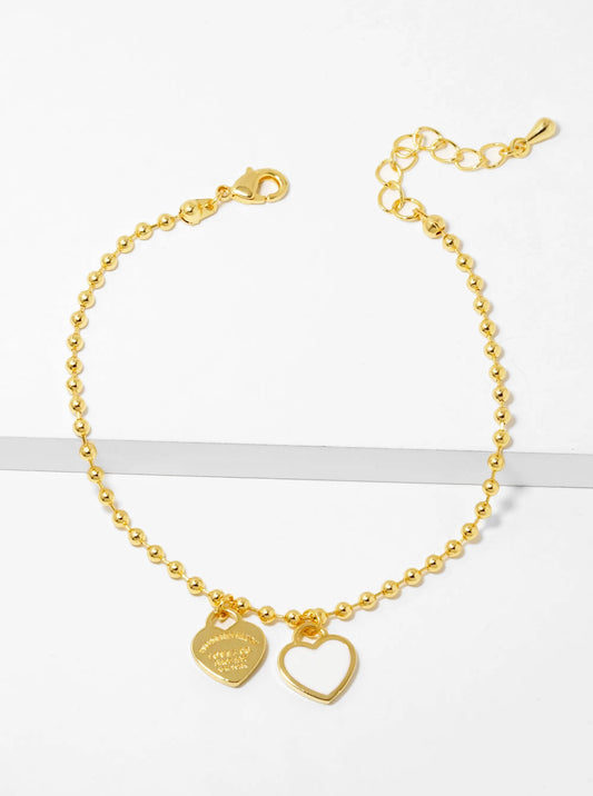 18K Gold Dipped Enamel Filled Double Heart Ball Chain Bracelet