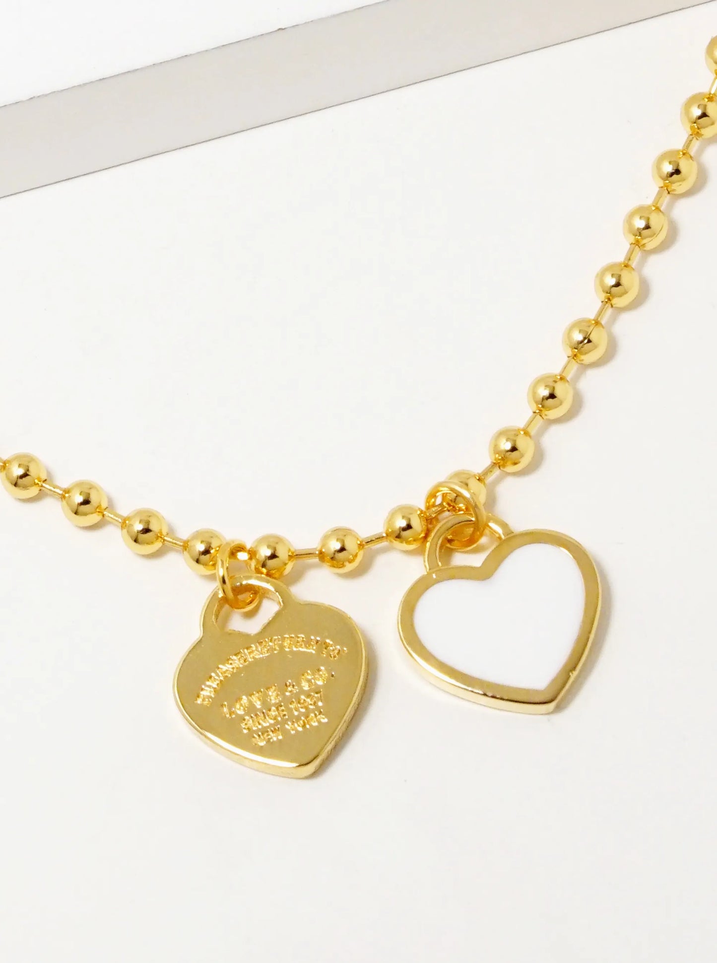 18K Gold Dipped Enamel Filled Double Heart Ball Chain Bracelet