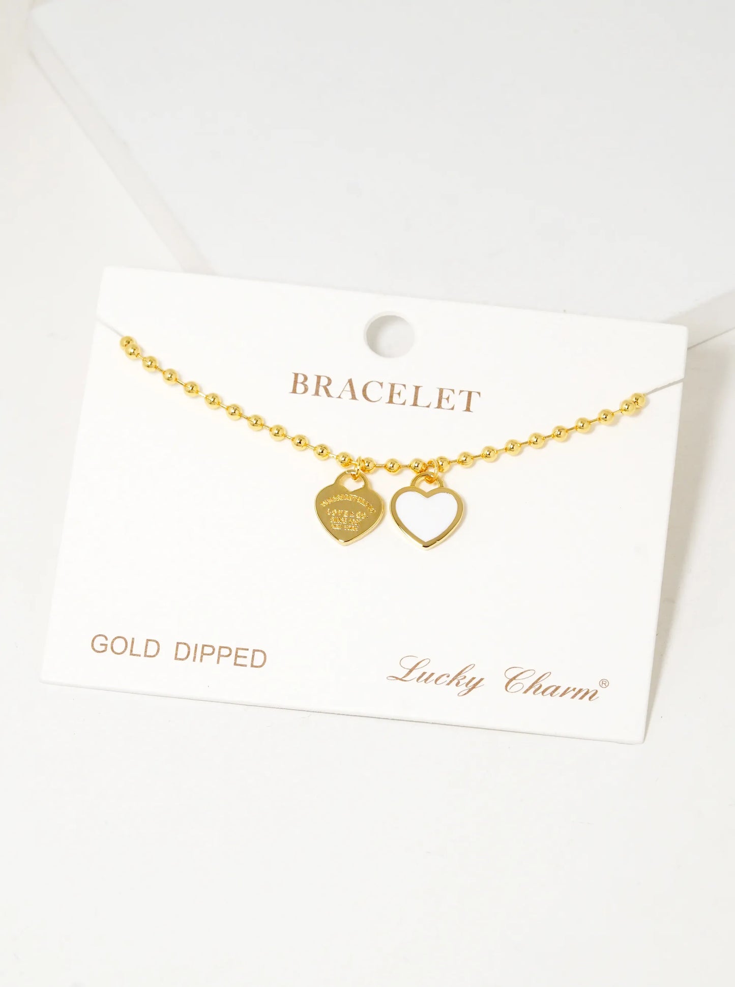 18K Gold Dipped Enamel Filled Double Heart Ball Chain Bracelet