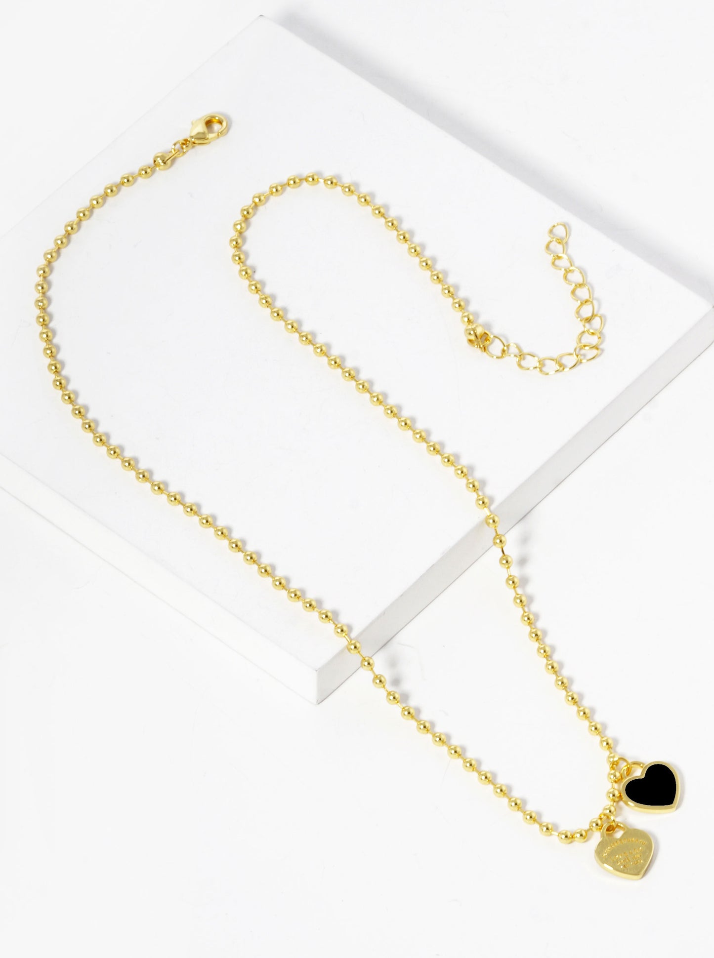 18K Gold Dipped Enamel Filled Double Heart Pendant Ball Chain Necklace