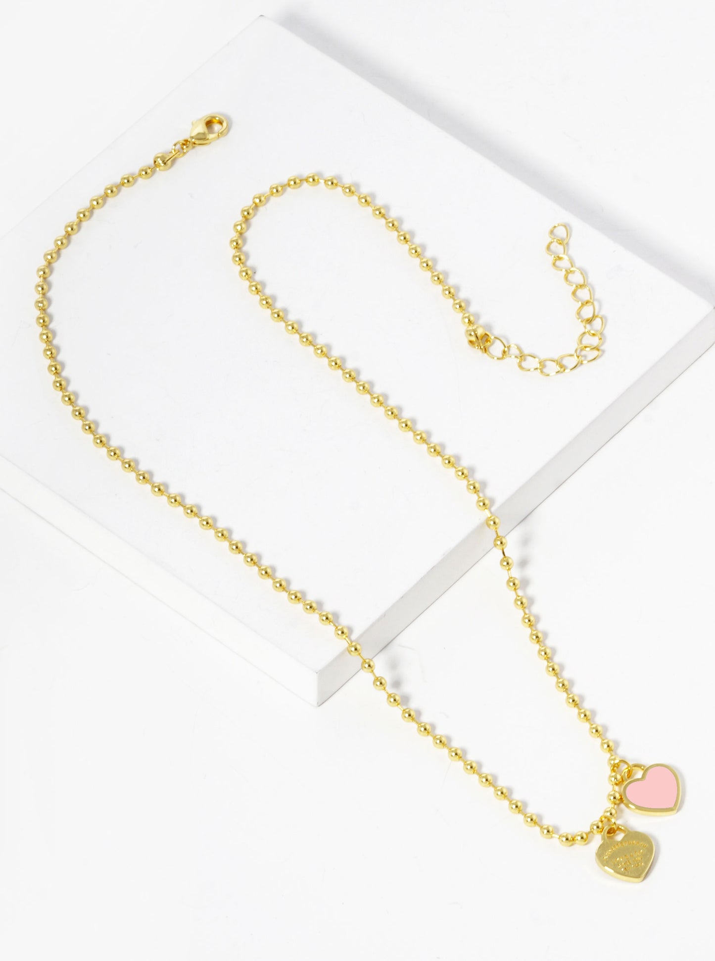 18K Gold Dipped Enamel Filled Double Heart Pendant Ball Chain Necklace